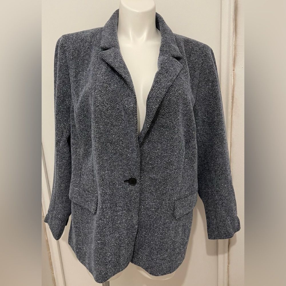 New Loft Plus Ann Taylor Black White Grey Blue Tweed Long Women's Blazer Jacket